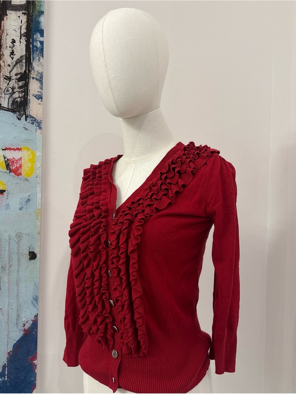 Alfani Red Ruffle-Front Button Cardigan - Picture 2 of 7